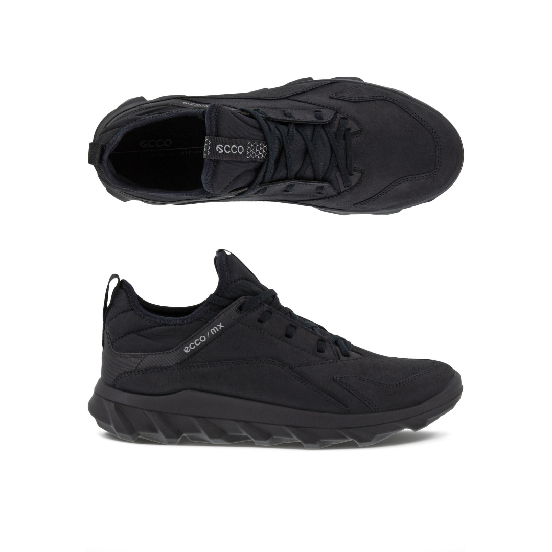 Top and side view of black lace up sneaker with lugged outsole.