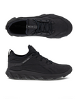 Top and side view of black lace up sneaker with lugged outsole.
