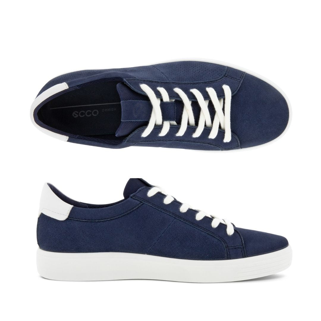Top and side view of navy nubuck sneaker with white laces and white outsole.