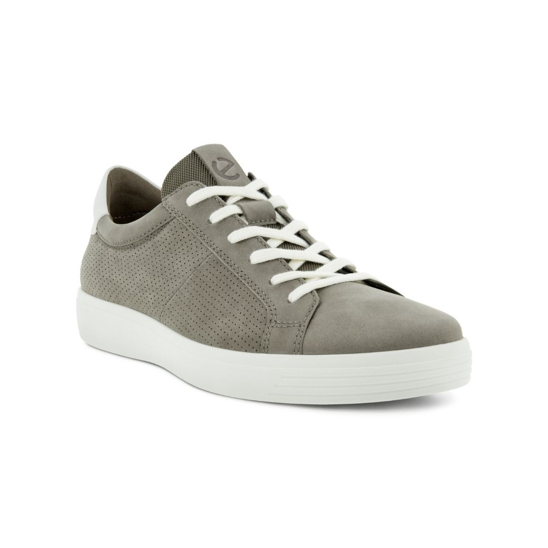 Grey nubuck sneaker with white laces and white outsole.