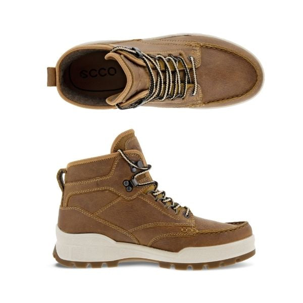 Brown lace up winter boto with white midsole. Ecco logo on tongue