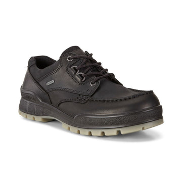 Black leather shoe with black laces, silver Gore-tex medallion on side and brown lugged outsole.