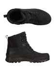 Top and side view of black leather mid-height winter boot.