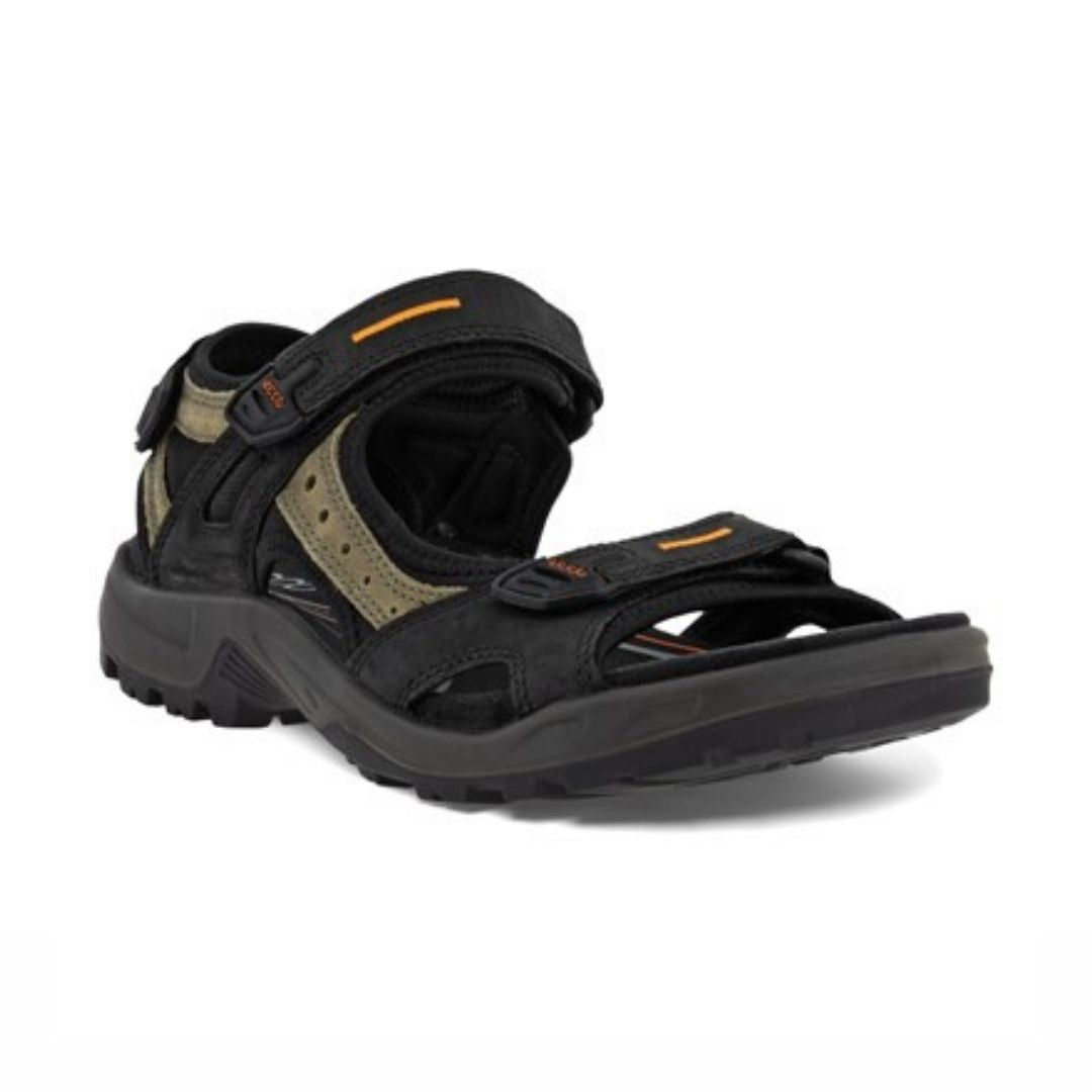 Black sport sandal with three adjustable straps, grey midsole and black outsole.