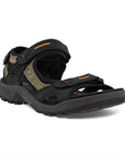 Black sport sandal with three adjustable straps, grey midsole and black outsole.
