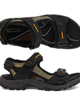Top and side view of black and olive sport sandal with three adjustable straps, grey midsole and black outsole.