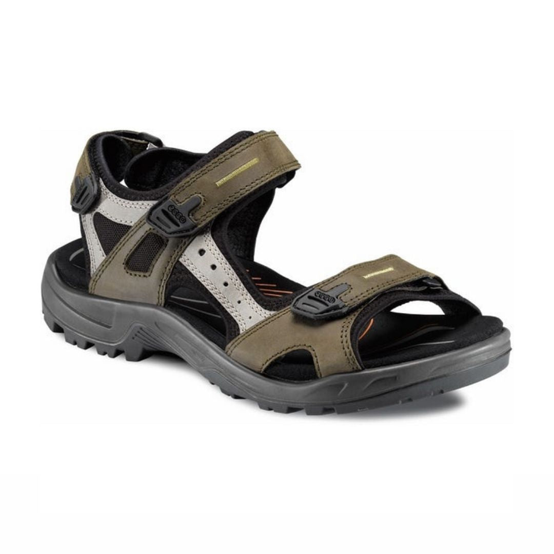 Brown and grey sport sandal with three adjustable straps, grey midsole and black outsole.