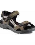Brown and grey sport sandal with three adjustable straps, grey midsole and black outsole.