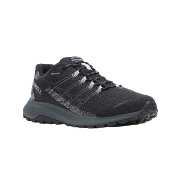 Black mesh lace up sneaker with grey midsole, black outsole and Merrell logo on side.