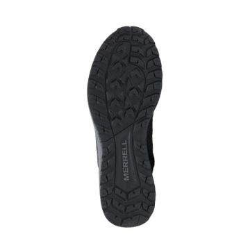 Black outsole of sneaker with Merrell logo in middle