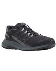 Black mesh lace up sneaker with grey midsole, black outsole and Merrell logo on side.