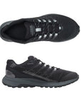 Top and side view of black mesh lace up sneaker with grey midsole, black outsole and Merrell logo on side.
