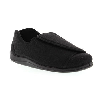 Black slipper with adjustable Velcro closure and black outsole.