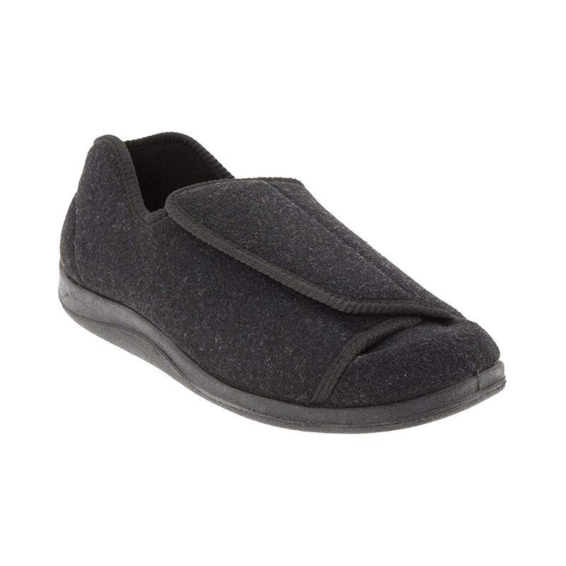 Charcoal slipper with adjustable Velcro closure and black outsole.