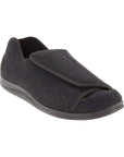Charcoal slipper with adjustable Velcro closure and black outsole.