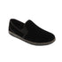 Black slip-on slipper with a corduroy upper and a textured black and brown rubber outsole. 