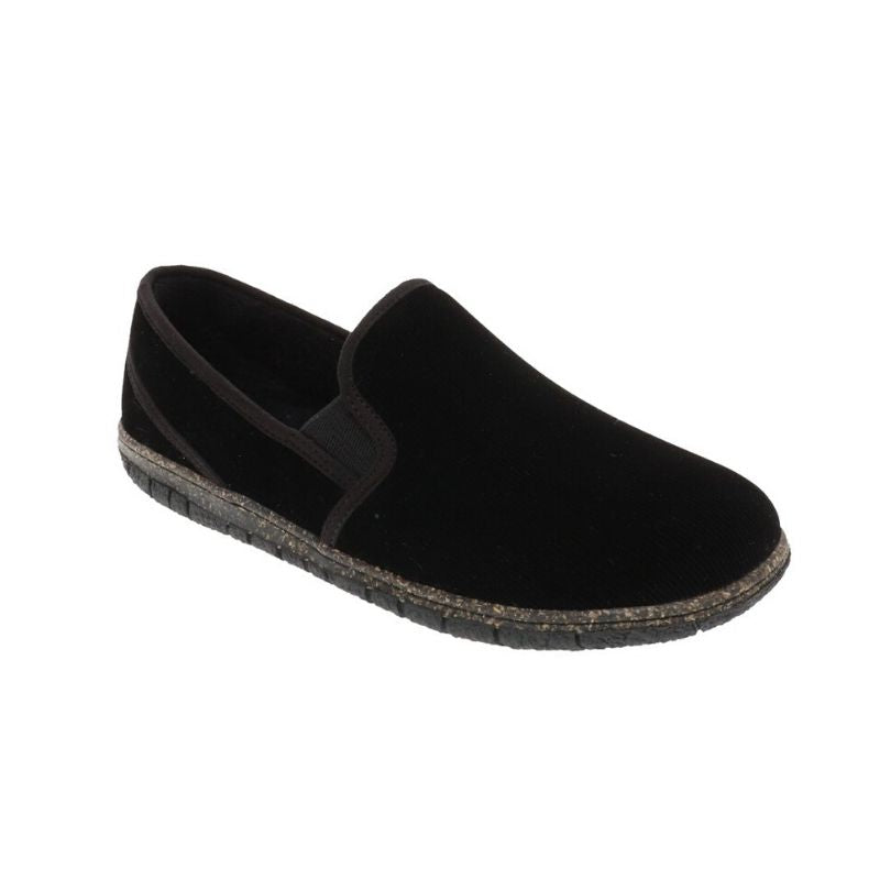 Black slip on slipper with elastic goring and black rubber outsole