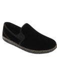 Black slip-on slipper with a corduroy upper and a textured black and brown rubber outsole. 