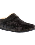 Black slide on slipper with beige faux fur lining and black outsole