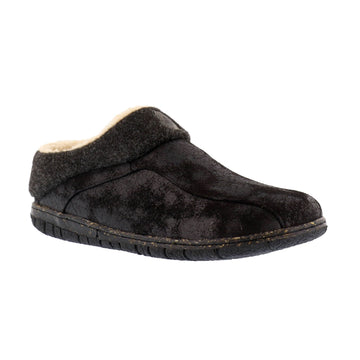 Black slide on slipper with beige faux fur lining and black outsole