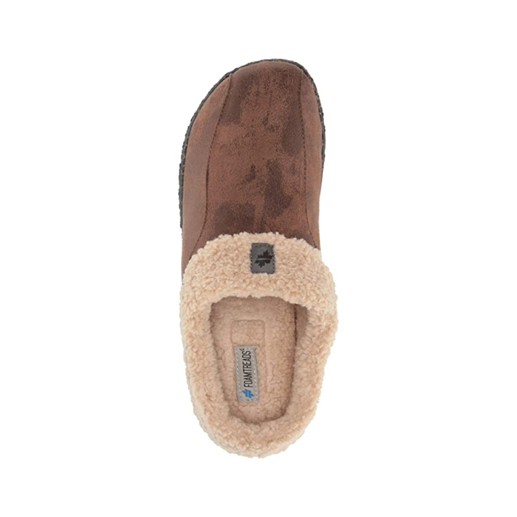 Brown slide on slipper with beige faux fur lining and black outsole