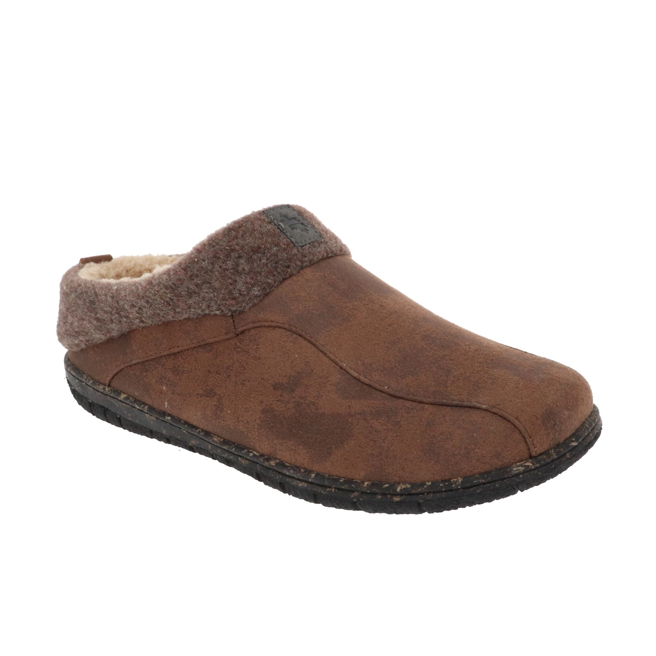 Brown slide on slipper with beige faux fur lining and black outsole