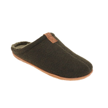 Olive green slip slipper with brown outsole.
