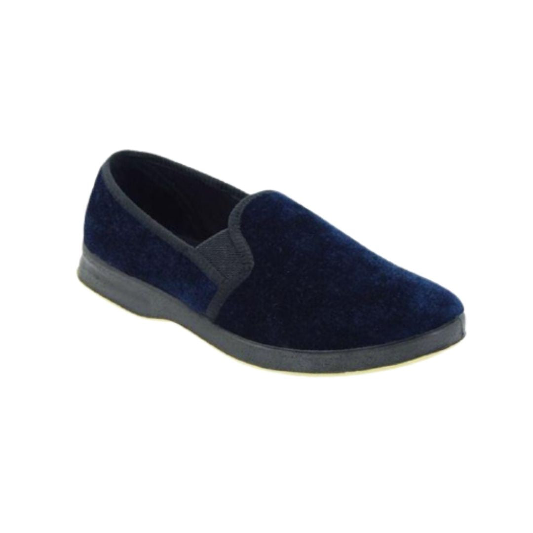 Navy blue slip on slipper with black elastic goring and black outsole.