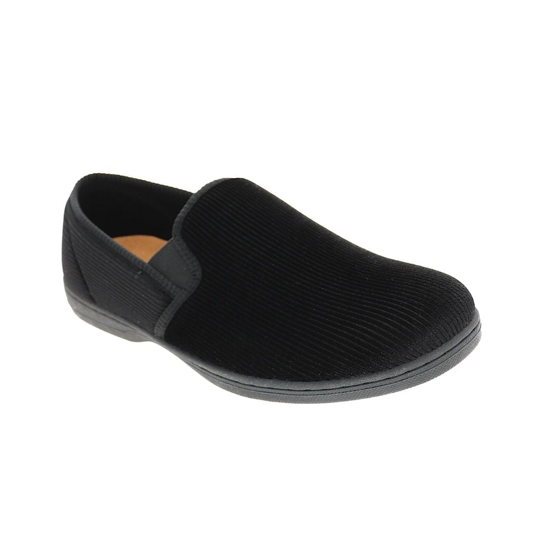 Blackcorduroy slip on slipper with black elastic goring and black outsole.