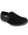 Blackcorduroy slip on slipper with black elastic goring and black outsole.