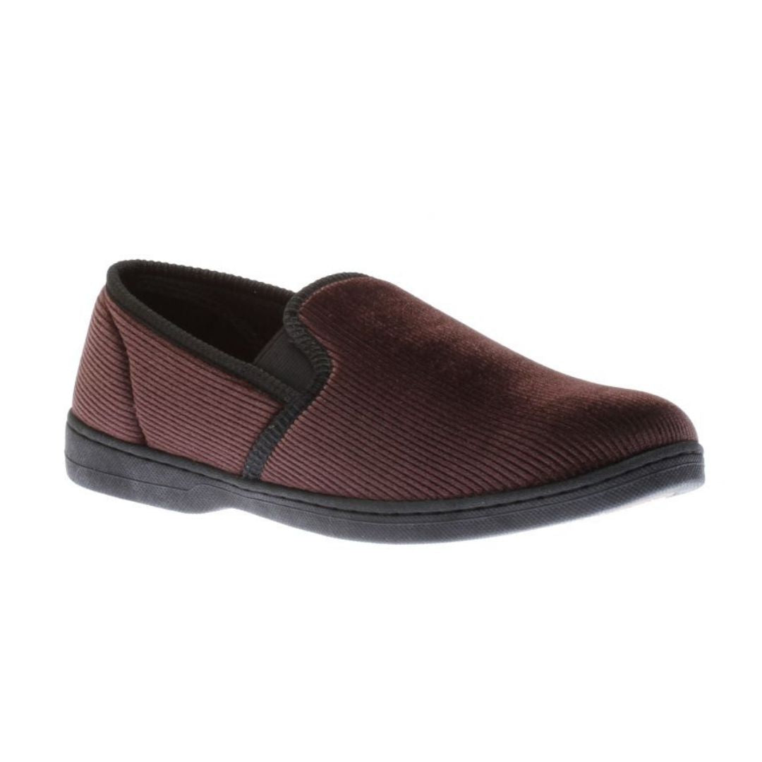 Brown corduroy slip on slipper with black elastic goring and black outsole.