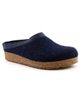 Navy wool slide slipper with leather band and Haflinger tag on outside. Cork midsole and brown outsole.