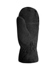 Palm side view of black suede leather mitten.