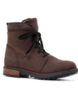 Brown nubuck leather combat styled boot with black laces and a stacked heel.
