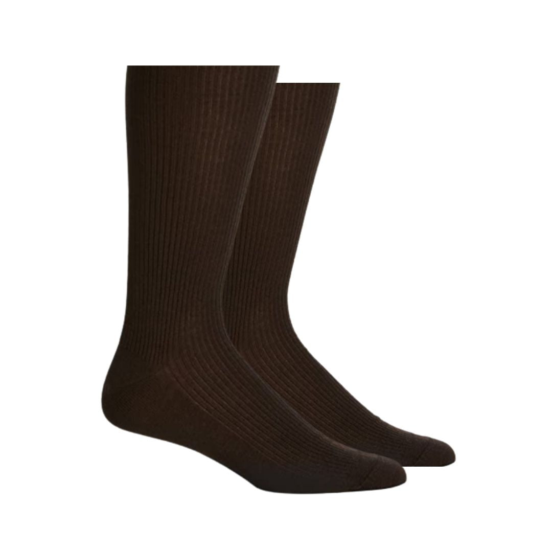 Pair of brown non-elastic crew socks.