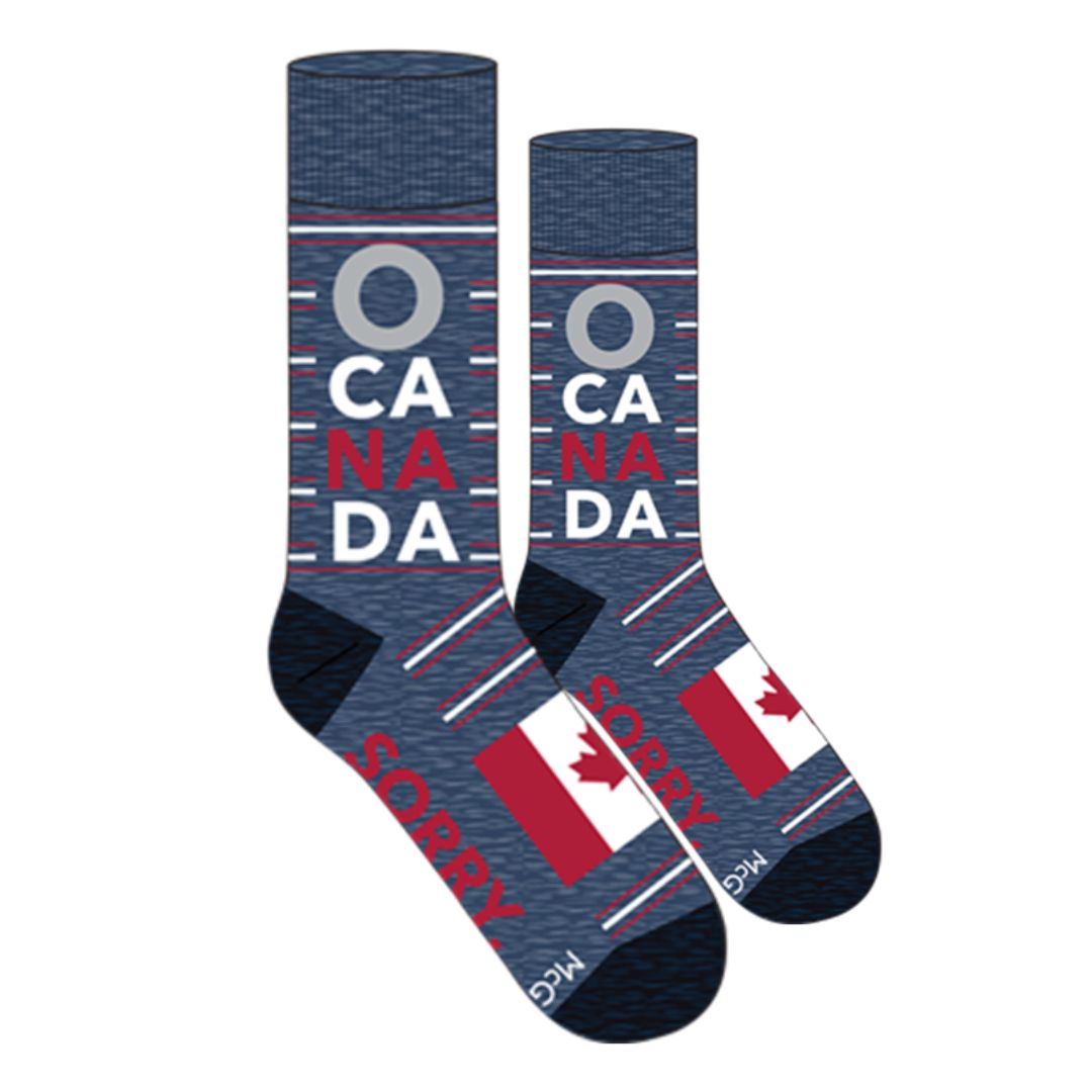 Denim heather sock with Canadian flag and text which reads O Canada, and Sorry. 