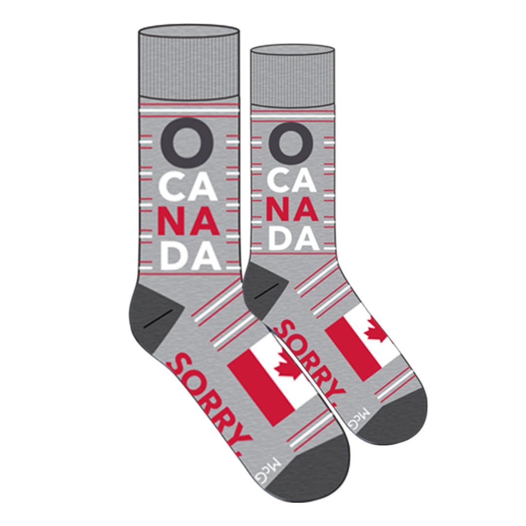 Grey heather sock with Canadian flag and text which reads O Canada, and Sorry.