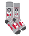 Grey heather sock with Canadian flag and text which reads O Canada, and Sorry.