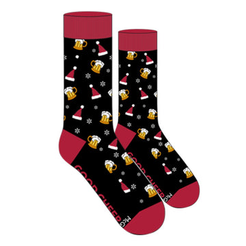 Black socks with a Santa hats and beer mug print. Cuff, heel and toe are red.