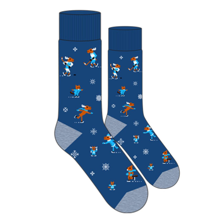 Blue crew socks with ice skating moose, hocky playing moose, snowflakes and skating foxes and beavers.