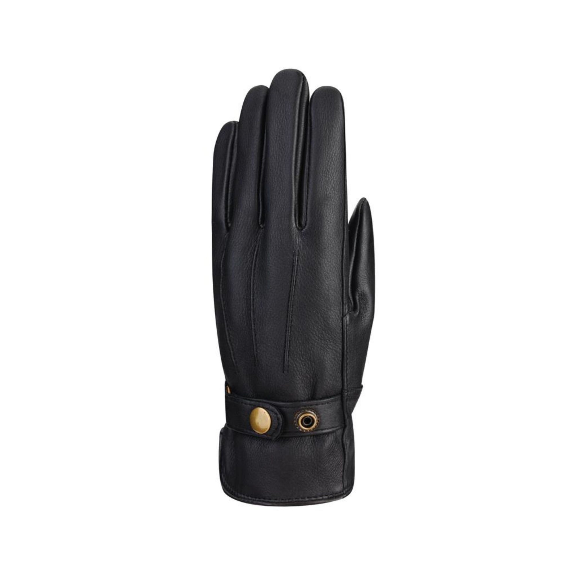 An Auclair black leather glove with detail stitching lines and an adjustable cuff, fitted with gold button closure.