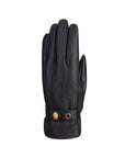 Top view of black leather gloves with detail lines and an adjustable cuff, fitted with gold button closure.