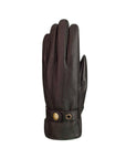 Top view of brown leather gloves with detail lines and an adjustable cuff, fitted with gold button closure.