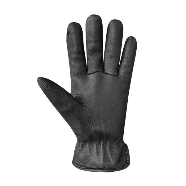 Palm side view of men&#39;s black leather gloves.