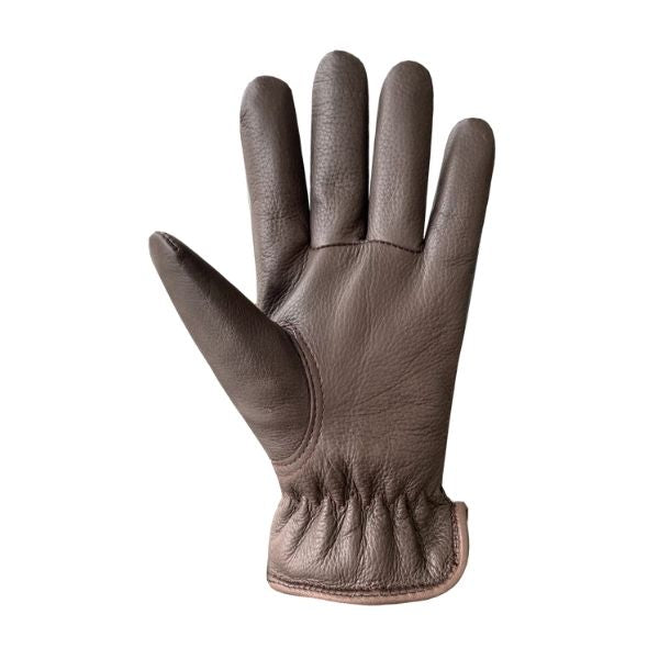 Palm side view of men&#39;s dark brown leather gloves.