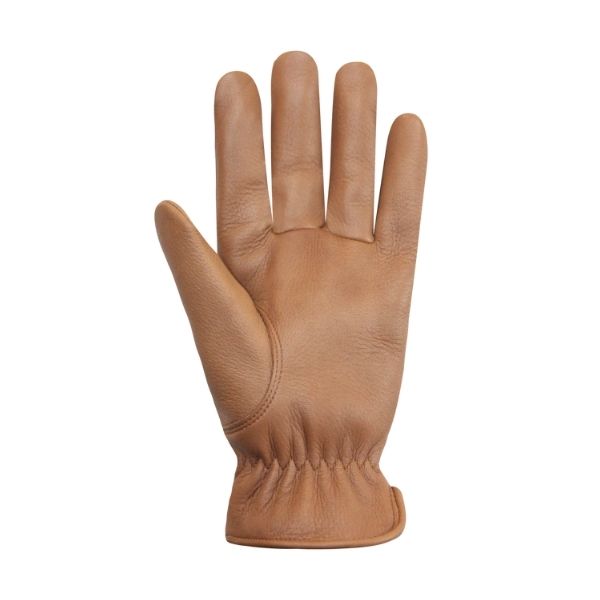 Palm side view of men&#39;s tan leather gloves.