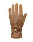 Tan leather gloves with detail lines and an adjustable cuff, fitted with gold button closure. 