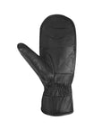Palm side of black leather mittens with stitched details. 