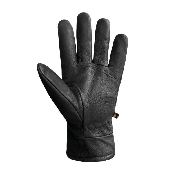 An Auclair black leather glove palm with small Auclaur logo tag at base of pinky.