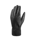 Top view of black leather gloves with vertical stitching.
